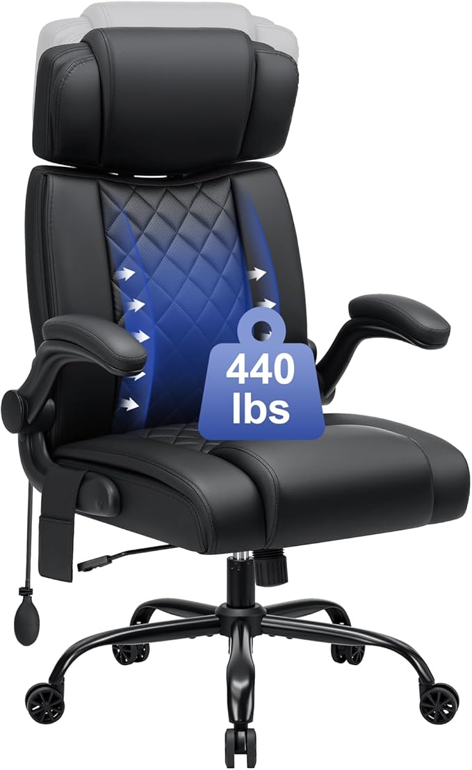 VANSPACE Executive Office Chair with Adjustable Lumbar Support and Headrest 440lbs Ergonomic Computer Chair Comfy High Back Swivel Rolling Office Chair with Flip-up Arms for Heavy People(Black)