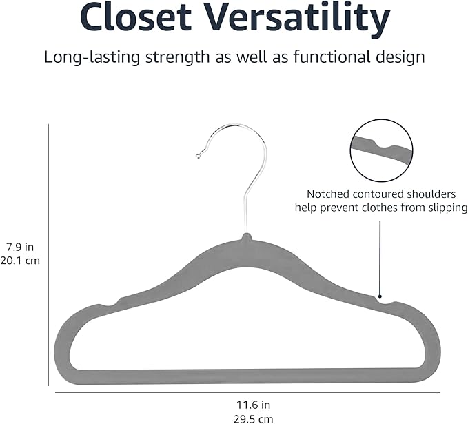Amazon Basics Kids Velvet, Non-Slip Clothes Hangers (baby/toddler), 11.6 inches (for baby clothes), Pack of 30, Gray