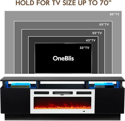 70" TV Stand for Living Room, Modern Entertainment Center & Media Console, Fits TVs up to 80", Storage Cabinet with Shelves, 36" Electric Fireplace with LED Flame