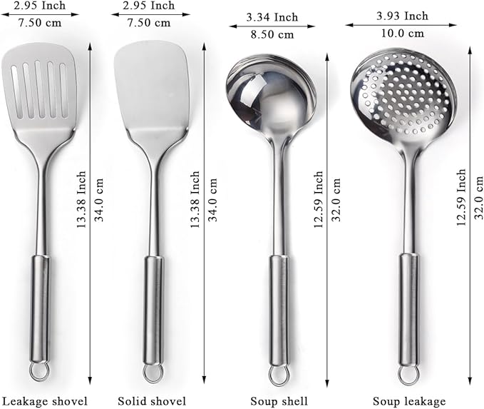 ReaNea Stainless Steel Cooking Utensils Set 4 Pieces, Kitchen Tools Set Include Metal Spatula Set, Kitchen Skimmer, Soup Ladle, Kitchen Gadgets Essentials New Home Must Have