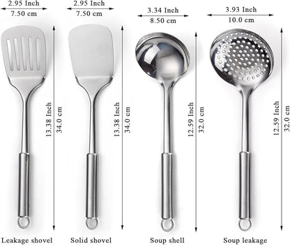 ReaNea Stainless Steel Cooking Utensils Set 4 Pieces, Kitchen Tools Set Include Metal Spatula Set, Kitchen Skimmer, Soup Ladle, Kitchen Gadgets Essentials New Home Must Have