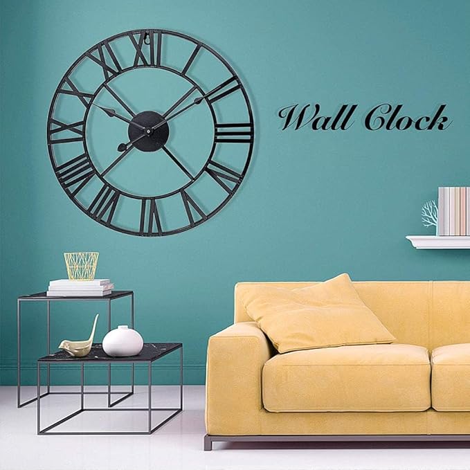 Antique Tower 24 inch Large Roman Numeral Wall Clock, Indoor Outdoor Patio Waterproof Oversized Decorative Contemporary Clock, Antique Black Metal Wall Clock Battery Operated Retro Art Hanging Clock,2