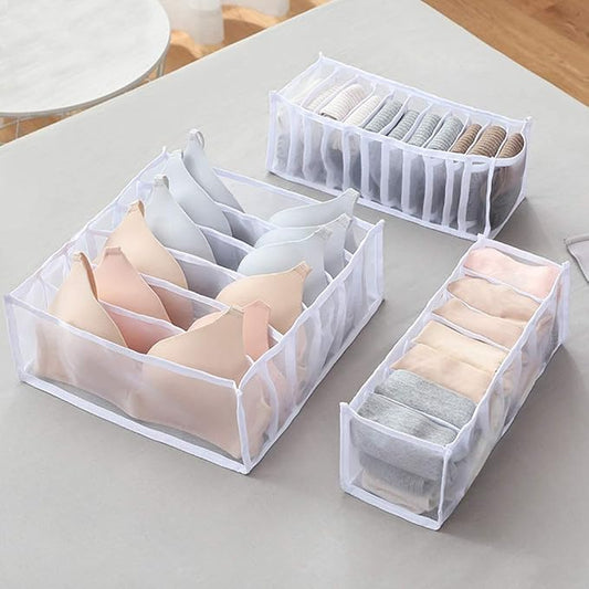 TOPARCHERY Foldable Bra & Underwear Organizer - 3 Set Drawer Divider Storage for Bras, Socks, Ties - White