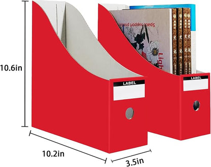 Limitliho Magazine File Folder Holder for Desk, Book Bins for Classroom Library,Office,Home, 10.6" H x 10.2" L x 3.5" W in Cardboard Paper Organizer (Red, 2 Pack)