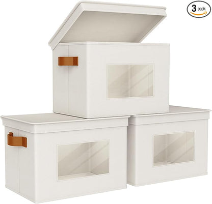 Univivi Storage Boxes with Lids Fabric Foldable Storage Bin for Clothes, [3-Pack] Closet Organizer Containers boxes with Handles for Home, Bedroom, Closet Storage (Beige,17” x 12” x 12")