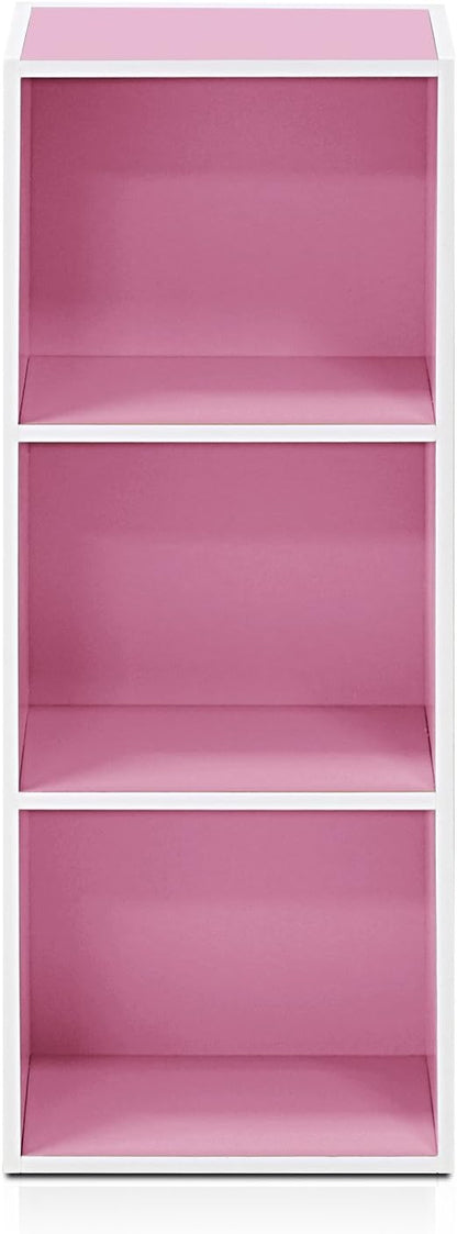 Furinno LUDER Book Shelf, 3-Cube Bookshelf, Bookcase with Open Shelves, 9.3 x 12 x 31.5, for Living Room, Bedroom, Home Office, White/Pink