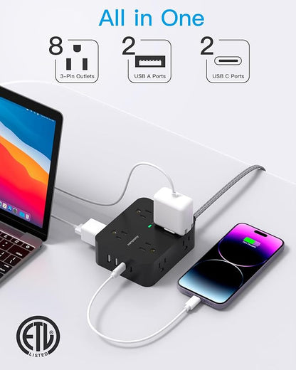 Long Extension Cord 15 ft, HANYCONY Surge Protector Power Strip 15 Feet with 4 Outlets 4 USB Ports (2 USB C), 3 Prong Desk Charging Station, Wall Mount for Indoor Essentials