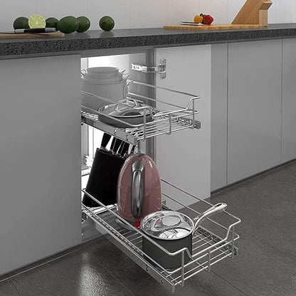 2 Tier Pull Out Cabinet Organizer 20" W X 22" D, Slide Out Drawers For Kitchen Cabinets, Pull Out Drawers For Cabinets Capacity Heavy Duty Caddy, Cabinet Pullout Shelves Chrome-Plated,Bathroom Pantry