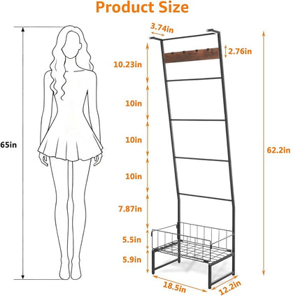 Metal Blanket Ladder with Basket, 5 Tier Black Blanket Ladders for the Living Room with Hooks, 5.2ft Wall Leaning Quilt Ladder for Blankets, Towels & Throws, Farmhouse Decor