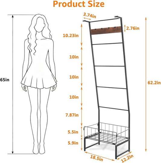 Metal Blanket Ladder with Basket, 5 Tier Black Blanket Ladders for the Living Room with Hooks, 5.2ft Wall Leaning Quilt Ladder for Blankets, Towels & Throws, Farmhouse Decor