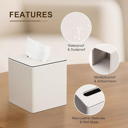 KINGFOM Leather Tissue Box Cover – Square Modern PU Leather Tissue Holder, Cube Tissue Dispenser for Home, Office, Bedroom, Bathroom – Elegant Minimalist Style (Ivory White-Square)