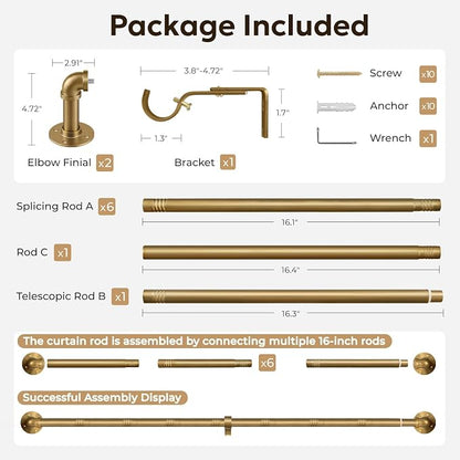 Zeerobee Curtain Rods for Windows 66 to 120, 1 Inch Industrial Wrap Around Warm Gold Curtain Rod, Indoor/Outdoor Room Divider Adjustable Drapery Pole, 66"-120"