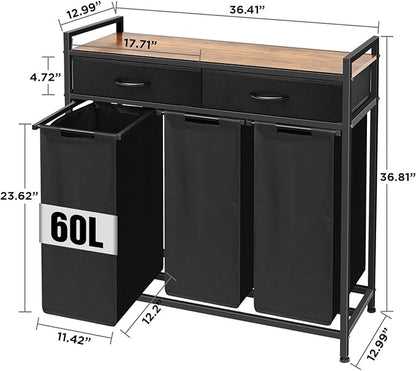 Laundry Sorter 3 Section, 180L Laundry Hamper Basket with Shelf and 2 Drawers, 3 Compartment Clothes Storage Organizer Cart, Pull-Out Removable Oxford Fabric Bags, Black