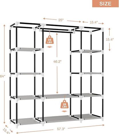 VTRIN Portable Closet Wardrobe for Hanging Clothes 57.3 Inch Large Capacity Clothes Rack with Cover, 10 Storage Organizer Shelves, 1 Hanging Rods and 6 Pockets, Free Standing Closet for Bedroom, Grey