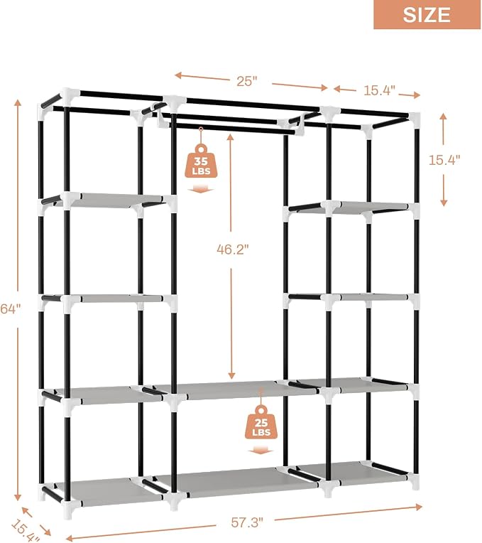VTRIN Portable Closet Wardrobe for Hanging Clothes 57.3 Inch Large Capacity Clothes Rack with Cover, 10 Storage Organizer Shelves, 1 Hanging Rods and 6 Pockets, Free Standing Closet for Bedroom, Black