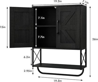 RUSTOWN Farmhouse Medicine Cabinet with 2 Barn Door, Wood Wall Mounted Storage Cabinet with Adjustable Shelf and Towel Bar, 3-Tier Bathroom Cabinet for Bathroom, Living Room(Black, Medium)