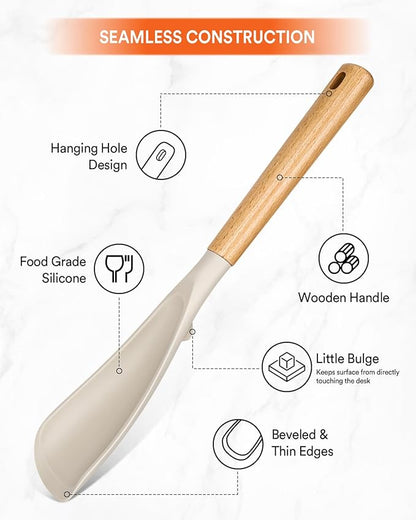 Multifunction Spoon for Nonstick Cookwares, Great for Cooking and Serving, Sturdy BPA-Free Matte Silicone, Wood Handle spoonula for Mixing, Scoop, and Scrape, Khaki(2 pack,11.4" & 13.4")