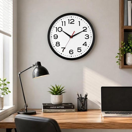 Roymnie Wall Clock Silent Non-Ticking Modern Clock Battery Operated 12 Inch Classic Analog Decorative for Classroom, Living Room, Office, Bedroom, School, Hotel (Black)