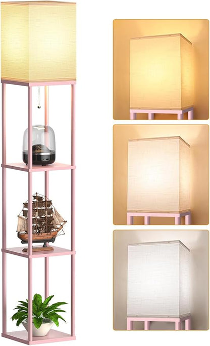 Pink Floor Lamp with Shelves for Living Room, Shelf Floor Lamp with 3 CCT LED Bulb, Corner Display Standing Column Lamp Etagere Organizer Tower Nightstand with White Linen Shade for Bedroom, Office
