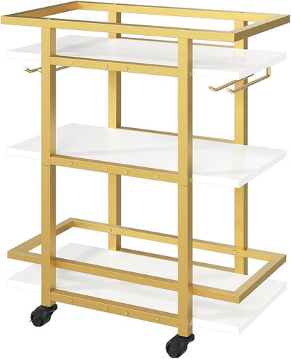 3 Tier Bar Cart, Home Bart Serving Cart with Glass Holders, Rolling Beverage Cart, Mobile Kitchen Shelf, for Home, Garden, Party, Gold BC19DW