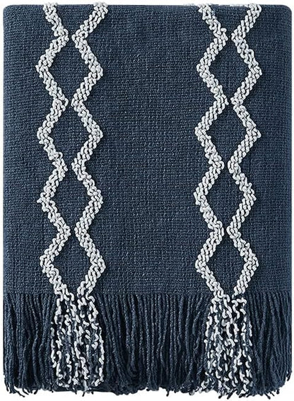 BOURINA Fluffy Chenille Knitted Fringe Throw Blanket Lightweight Soft Cozy for Bed Sofa Chair Throw Blankets, Navy 50" x 60"