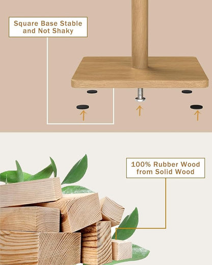 Yawinhe Coat Rack, Sturdy Wooden Coat Tree with 8 Hooks, 3 Adjustable Height for Bedroom, Hallway, Entrance, Office, 11.8 x 70.8 inches, Natural, 1-Pack, Square Base