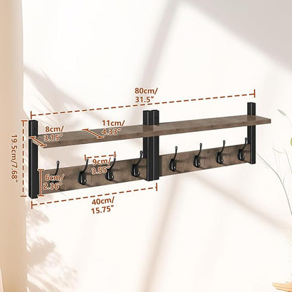 YMYNY Coat Rack Shelf Wall Mounted, Coat Hooks Set of 2, Entryway Coat Hanger with 8 Hooks, 31.5" Wall Floating Shelf with Hat Rack, for Kitchen, Bedroom, Bathroom, Silver Gray UHWS001Y-2