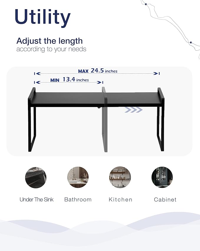 Nxconsu Cabinet Shelf Organizer Expandable, 8.6 Inch Deep Adjustable 13 to 24 Inch Metal Shelf Riser for Kitchen Pantry Cupboard Countertop Under Sink, Heavy Duty Stackable Storage Rack, Black