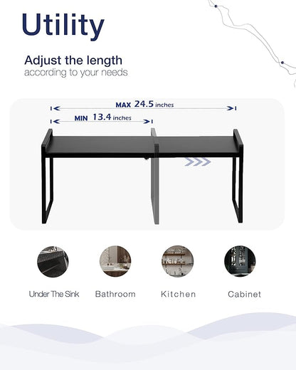 Nxconsu Cabinet Shelf Organizer Expandable, 8.6 Inch Deep Adjustable 13 to 24 Inch Metal Shelf Riser for Kitchen Pantry Cupboard Countertop Under Sink, Heavy Duty Stackable Storage Rack, Black