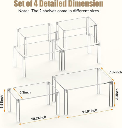 YUNEASELF Clear Cabinet Organizer: Acrylic Shelf Riser Set of 4 for Kitchen Pantry Organizers and Storage - Countertop Spice Rack for Cabinet - Stackable Display Shelf Decor for Gift