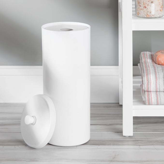 iDesign Freestanding Bathroom Toilet Paper Storage Holder, 2-Pack, White | With Lid, Holds 3 Extra Rolls