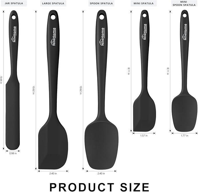 NileHome Silicone Spatula Set, 5 Pieces Food Grade Kitchen Utensils with Silicone Brush Heat Resistant Up to 600°F BPA-free Rubber Spatula for Scraping, Baking, Cooking, Mixing—Black