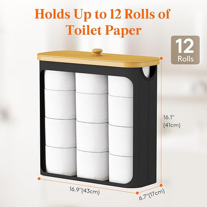 Lifewit Toilet Paper Storage Holder for 12 to 16 Rolls, Free Standing Toilet Paper Basket Stand with Bamboo Lid, Collapsible Fabric Bathroom Organizer Box for Mega Rolls, 30L, Extra Large, Black