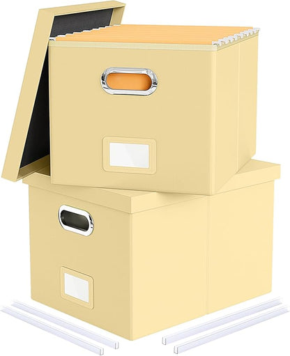 Oterri 2 Pack File Storage Organizer Box, Portable Document Box with Lid,Fit for Letter/Legal File Folder Storage,Cream-yellow(Leather)