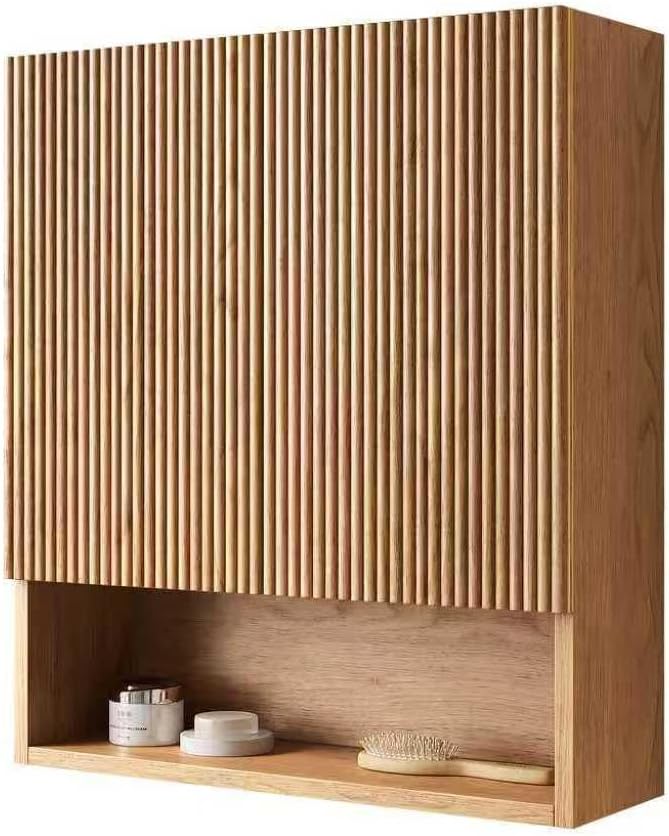 26" Wall-Mounted Striped Bathroom Cabinet, with Doors, Shelf and Open Storage Compartment Over The Toilet Storage Cabinet for Bathroom, Kitchen, Laundry Room, Natural Wood