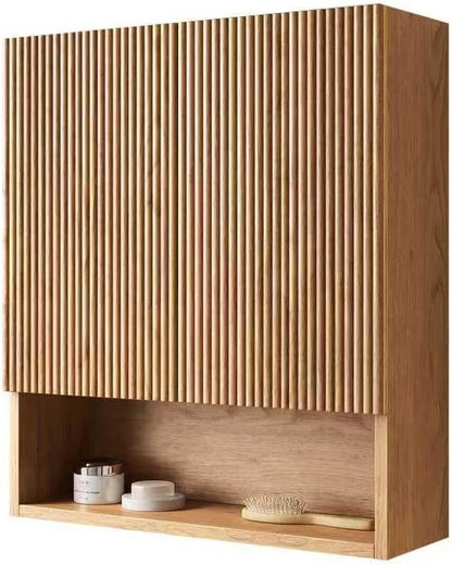 26" Wall-Mounted Striped Bathroom Cabinet, with Doors, Shelf and Open Storage Compartment Over The Toilet Storage Cabinet for Bathroom, Kitchen, Laundry Room, Natural Wood