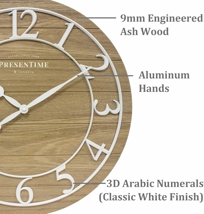 Presentime & Co Classic Farmhouse Shiplap Clock, 19.5 inch, White Arabic Numerals with Ash Wood Shiplap Style. Large Farmhouse Decor for Living Room, Entryway, Home Office, Wall Décor