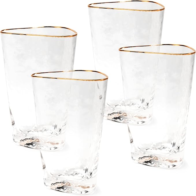 Bec's Designs Gold Rim Highball Glasses – Set of 4, 16oz Handblown Triangular Hammered Glass Tumblers – Elegant Drinkware for Cocktails, Water & Iced Tea