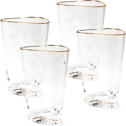 Bec's Designs Gold Rim Highball Glasses – Set of 4, 16oz Handblown Triangular Hammered Glass Tumblers – Elegant Drinkware for Cocktails, Water & Iced Tea