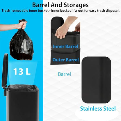 BestMassage 13 Gallon (50L) Stainless Steel Trash Can with Lid, Removable Inner Bucket, Foot Pedal, Soft Close for Home, Kitchen, Office