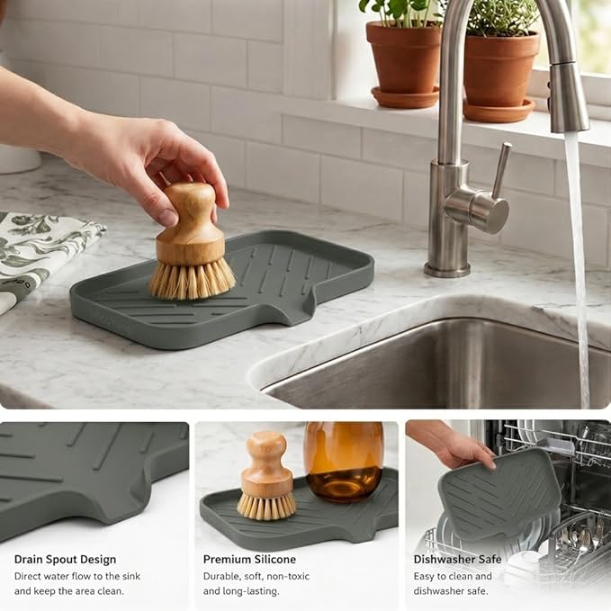 MicoYang Silicone Soap Dish with Drain Spout — Self-Draining Sink Organizer Tray for Bathroom & Kitchen, Sponges, Dispensers & Soap Holder, Non-Slip & Dishwasher Safe, Grey (Medium, 9.6"×5.3")