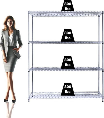 Utility Basics NSF Commercial 4-Tier Wire Shelving with Wheels, 60"x18"x72" Heavy Duty Metal Shelves 3200 lbs Max Capacity, Chrome Storage Rack for Garage Kitchen Pantry Warehouse