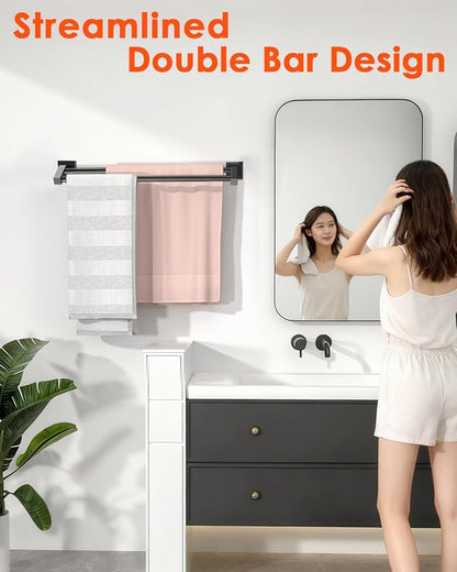 Alise Bath Double Towel Bars,16 Inch Towel Holder Towel Racks for Bathroom Useable Length 14.9 Inch,SUS304 Stainless Steel Towel Hanger Towel Rail Wall Mount,Matte Black