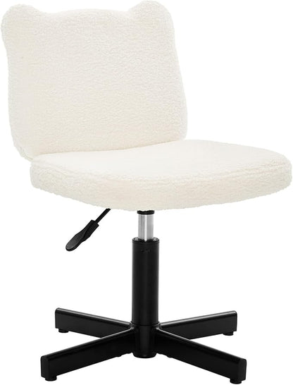 LUE BONA Adjustable Vanity Stool Chair with Girly Bear Ear Wide Back, 360° Swivel Vanity Stool for Makeup Room, Upholstered Teddy Velvet Ottoman for Girls, 350lbs, Beige
