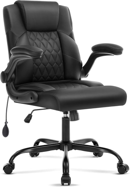 Office Chair with Adjustable Inflatable Lumbar Support,Leather Ergonomic Computer Desk Chair with Flip-up Arms,Adjustable Tilt Lock,Swivel Rolling Executive PC Chair for Work,Study,Meeting.Black