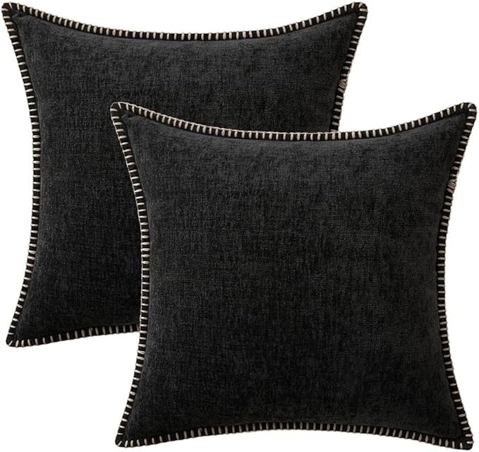 MIULEE Pack of 2 Couch Throw Pillow Covers 20x20 Inch Black Farmhouse Decorative Pillow Covers with Stitched Edge Soft Chenille Solid Dyed Pillow Covers for Sofa Bed Living Room