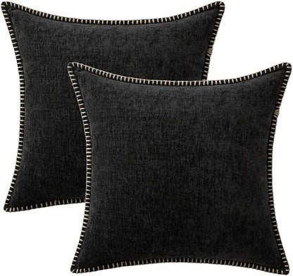 MIULEE Pack of 2 Couch Throw Pillow Covers 20x20 Inch Black Farmhouse Decorative Pillow Covers with Stitched Edge Soft Chenille Solid Dyed Pillow Covers for Sofa Bed Living Room