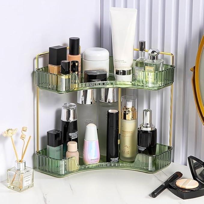 Corner Bathroom Counter Organizer, Vanity Tray for Skincare Makeup, 2-Tier Counter Shelf (Green)