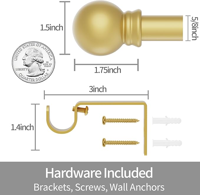 Thestoa Gold Curtain Rods for Windows 30-62 Inch, 5/8" Stainless Steel Small Curtain Rod for Bedroom, Living Room,Kitchen,Farmhouse