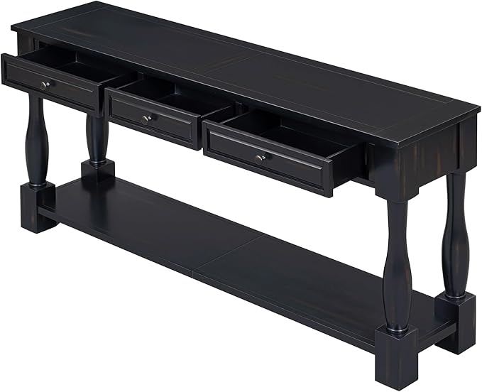 Knocbel Long Console Table with 3 Drawers & Bottom Open Shelf, Solid Wood Mediterranean Entry Sofa Table for Entryway Hallway Living Room, 63" W x 14.8" D x 30" H, Espresso